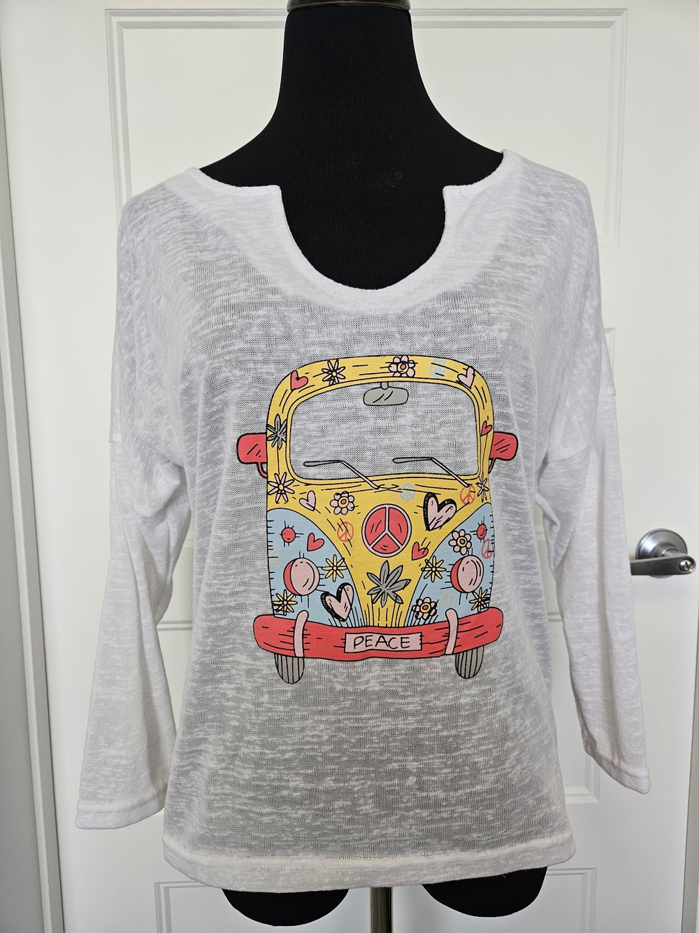 MISSLOOK White Long Sleeve Top with Colorful Peace Bus Graphic
